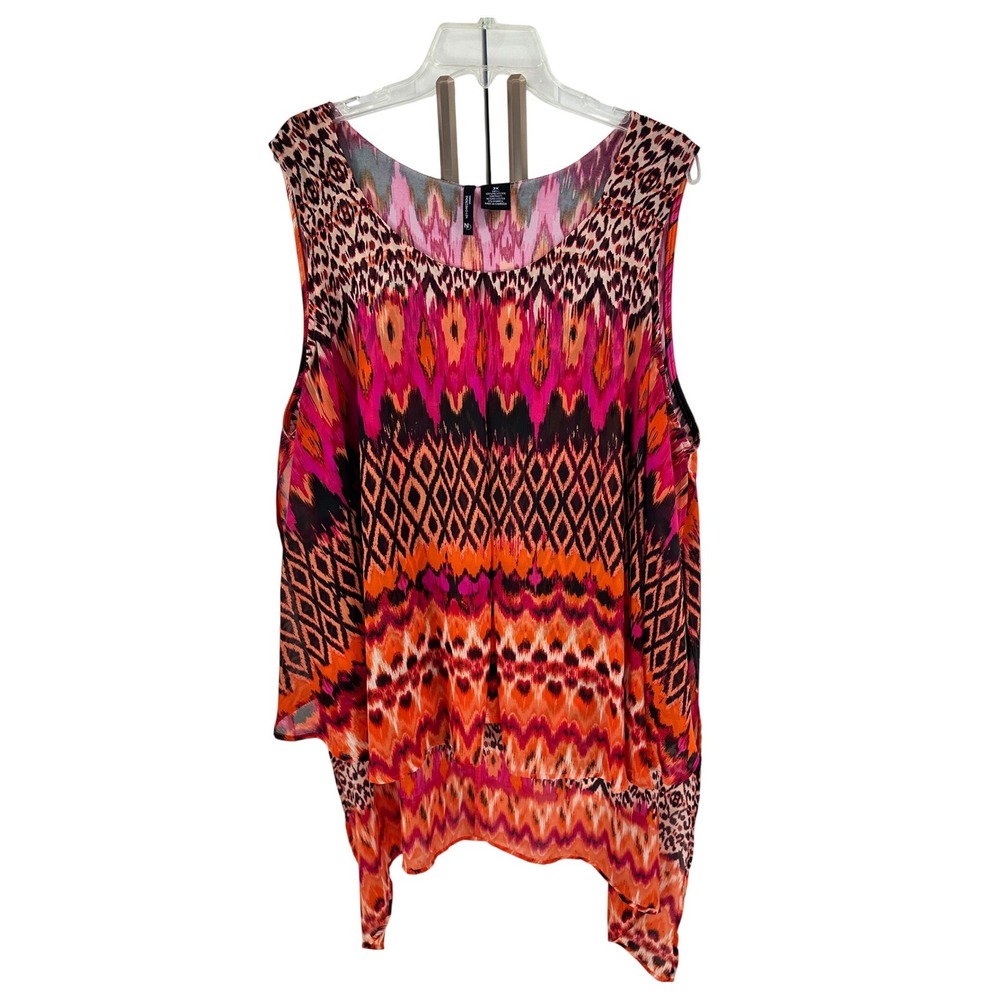 New Directions Woman 3X Abstract Print‎ Sleeveless Tank Tunic Top Orange Pink